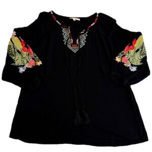 Andree by UNIT Blouse Women Small Black Embroidered Cactus Tassel‎ Peasant